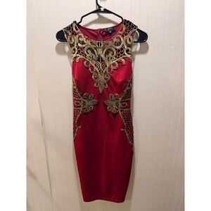 Privy Red Bodycon Cocktail Dress Gold Metallic Embroidery Lace Detail Small